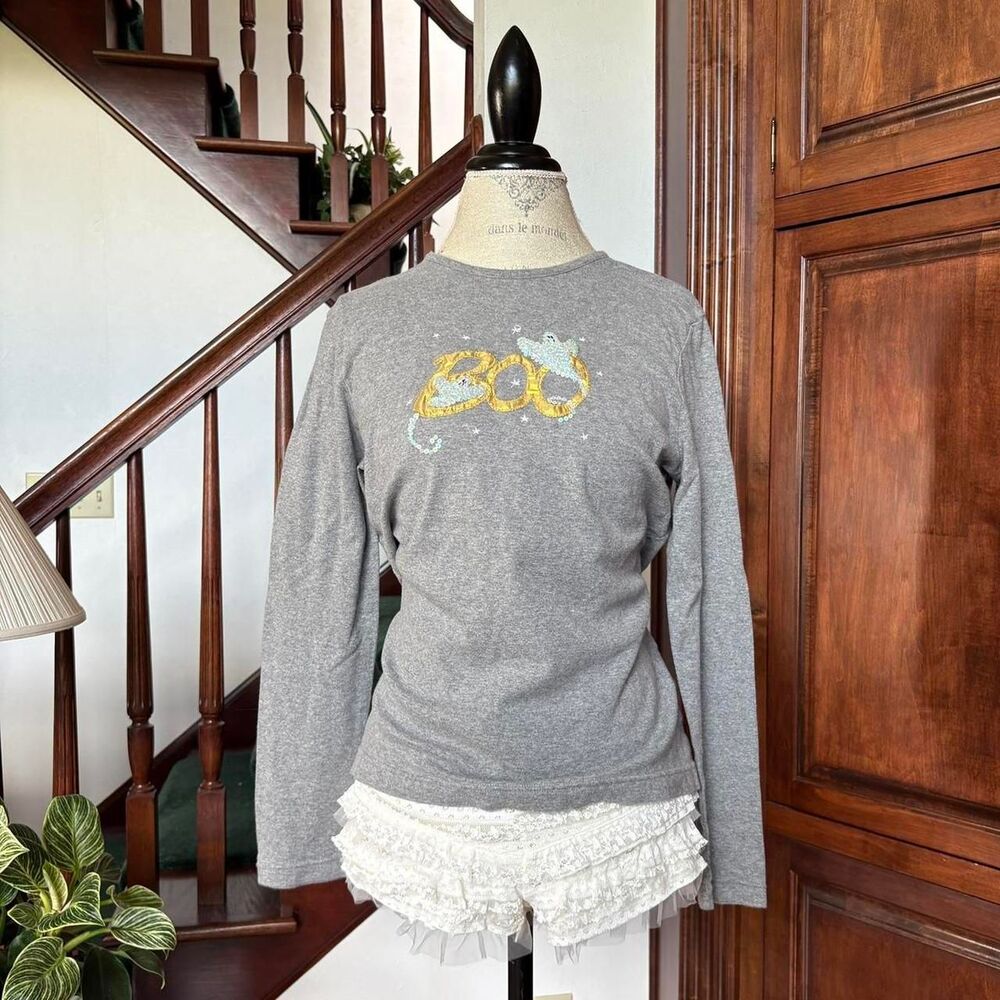 Boo Ghost Sequin Beaded Halloween Fall Grey Long Sleeve T Shirt White Stag
